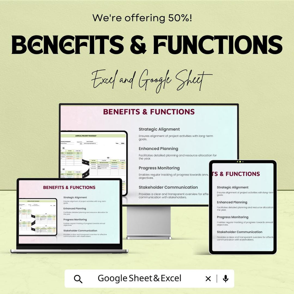 Annual Project Roadmap Sheet | Google Sheets Template | Project Planning, Goal Setting, Milestone Tracking, Timeline Visualization |