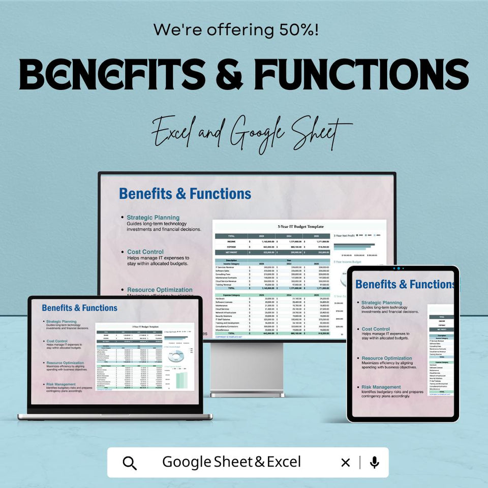 3-Year IT Budget Sheet | Excel & Google Sheet Template | IT Financial Management | IT Expense Tracker | Flexible Budget Forecasting