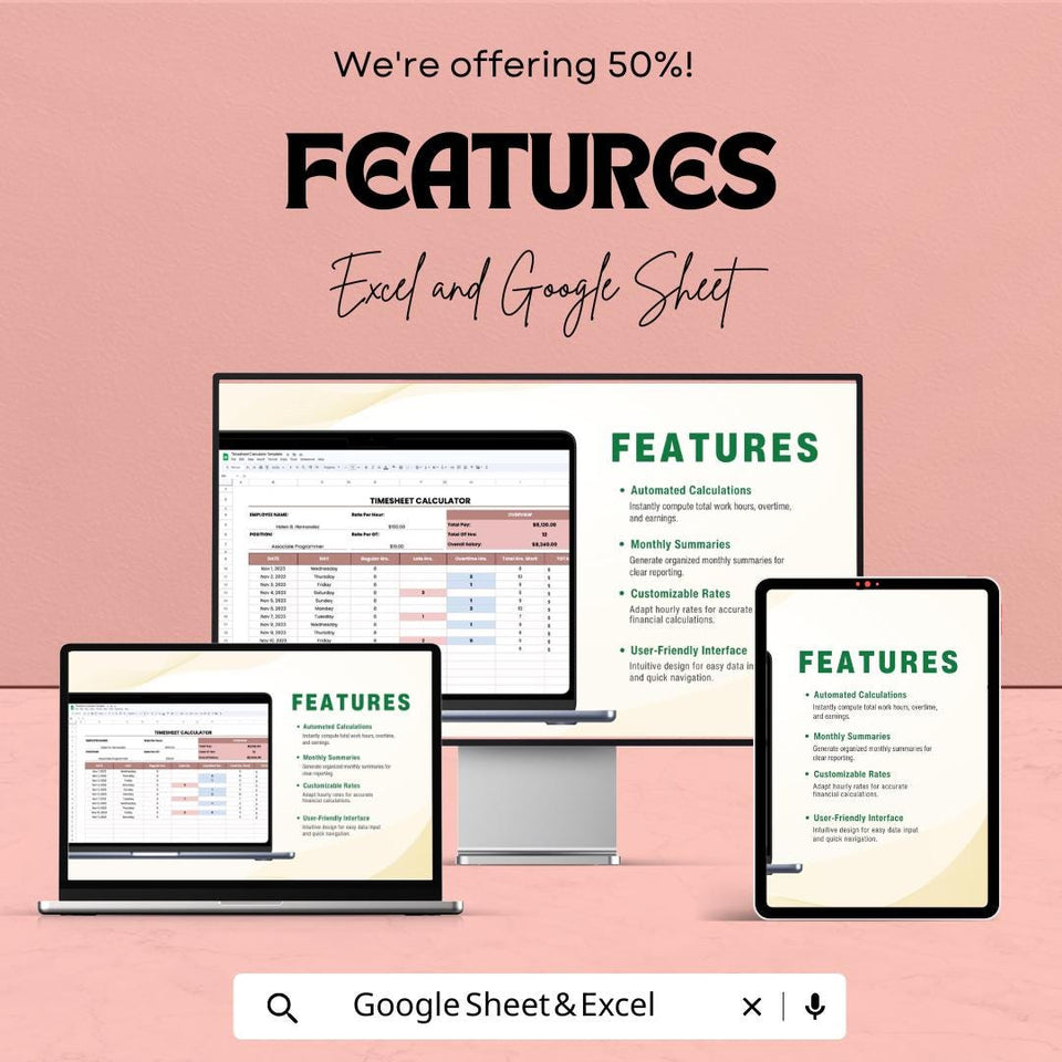 Timesheet Calculator Sheet - Excel and Google Sheets - Employee Time Tracking & Payroll Management - Hours Worked, Overtime,