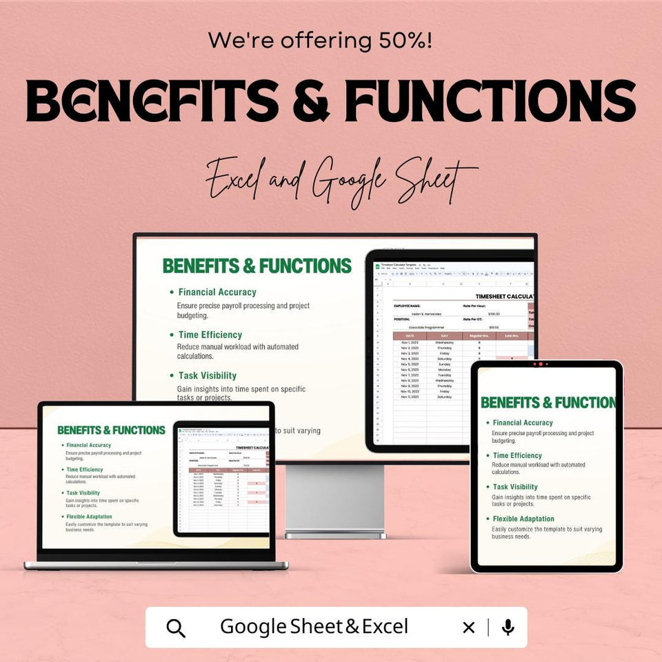 Timesheet Calculator Sheet - Excel and Google Sheets - Employee Time Tracking & Payroll Management - Hours Worked, Overtime,