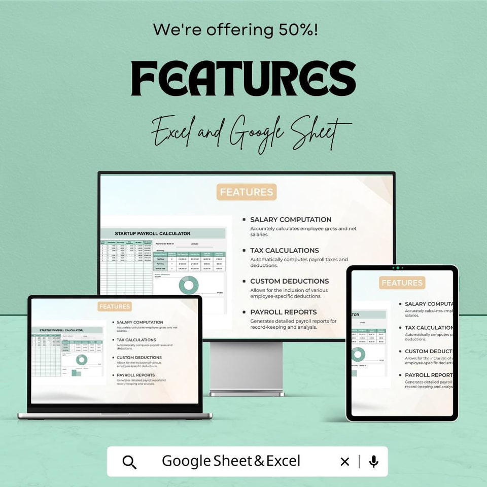 Startup Payroll Calculator Sheet | Excel and Google Sheets Template | Salary, Deductions & Taxes Tracker | 50% OFF