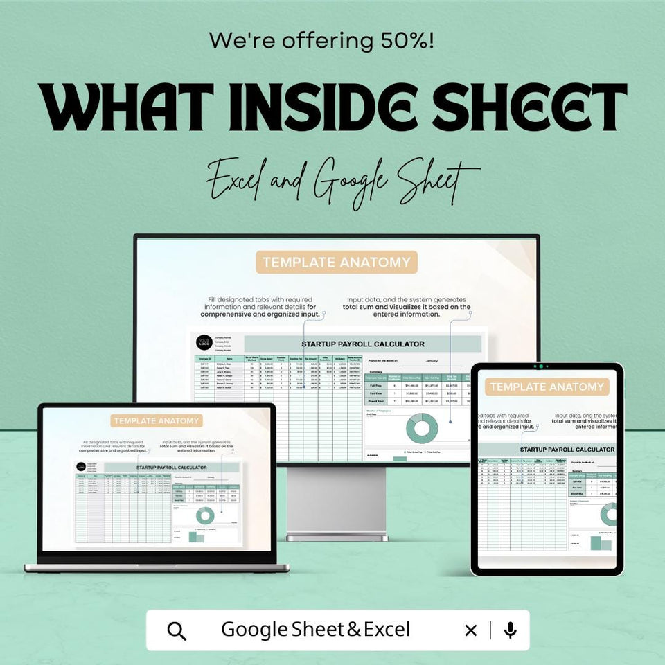 Startup Payroll Calculator Sheet | Excel and Google Sheets Template | Salary, Deductions & Taxes Tracker | 50% OFF