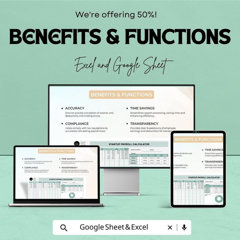 Startup Payroll Calculator Sheet | Excel and Google Sheets Template | Salary, Deductions & Taxes Tracker | 50% OFF