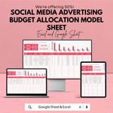 Social Media Advertising Budget Allocation Model Sheet | Excel and Google Sheets Template | Track & Adjust Ad Spend | 50% OFF