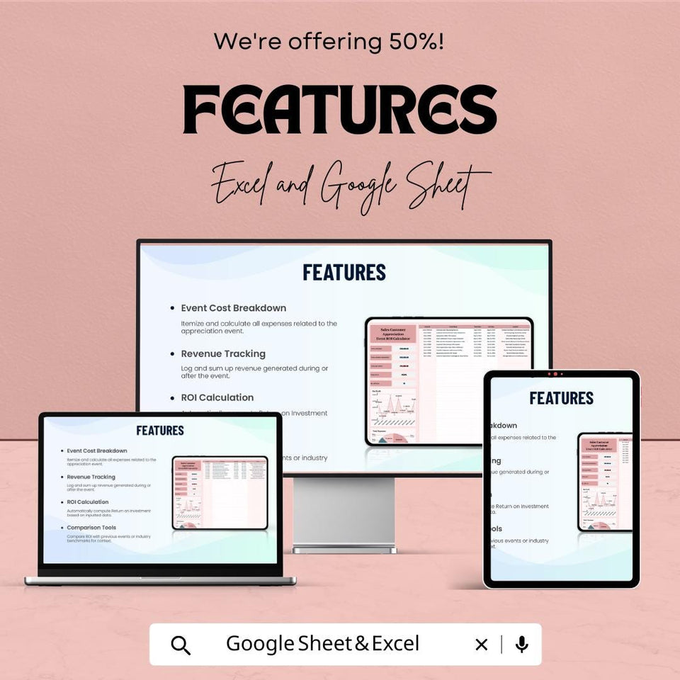 Sales Customer Appreciation Event ROI Calculator Sheet | Excel and Google Sheets Template | Event Cost, Revenue & ROI Tracker |