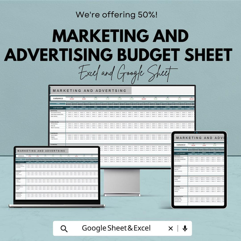 Marketing and Advertising Budget Sheet | Excel and Google Sheets Template | ROI Tracking & Campaign Management
