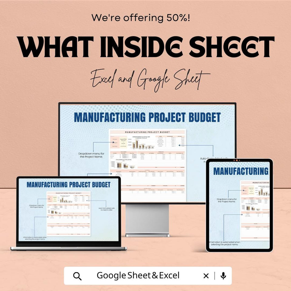 Manufacturing Project Budget Sheet | Excel and Google Sheets Template | Project Cost Management & Budget Tracking