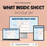 Manufacturing Project Budget Sheet | Excel and Google Sheets Template | Project Cost Management & Budget Tracking