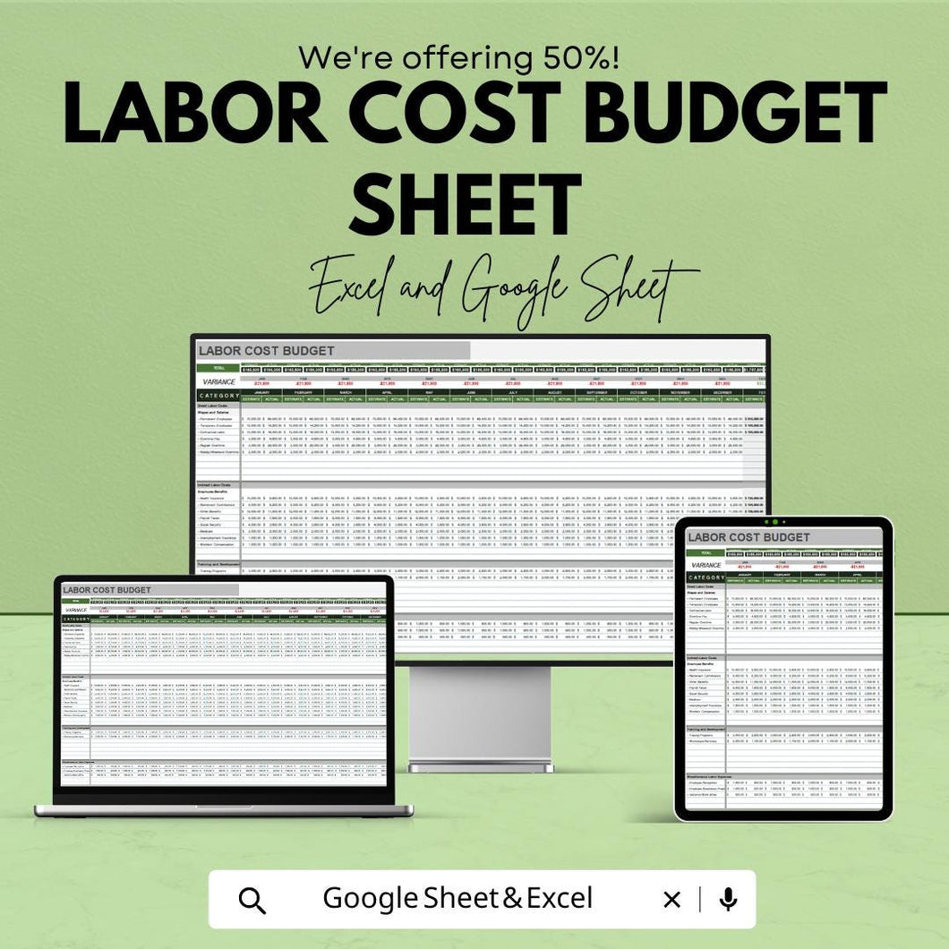 Labor Cost Budget Sheet | Excel and Google Sheets Template | Employee Labor Tracking & Cost Estimation Tool