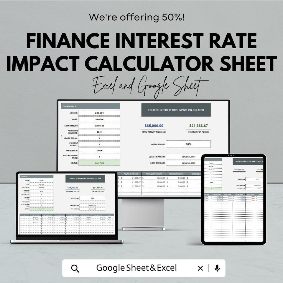 Finance Interest Rate Impact Calculator – Excel and Google Sheets Template for Loan & Investment Analysis – 50% Off