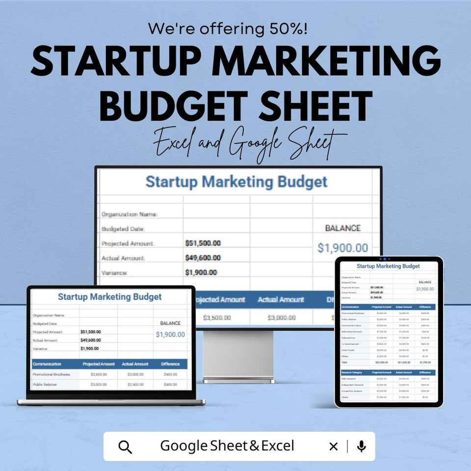 Startup Marketing Budget Sheet | Google Sheet & Excel Template for Budget Allocation, Expense Tracking, and ROI Analysis | Editable Business